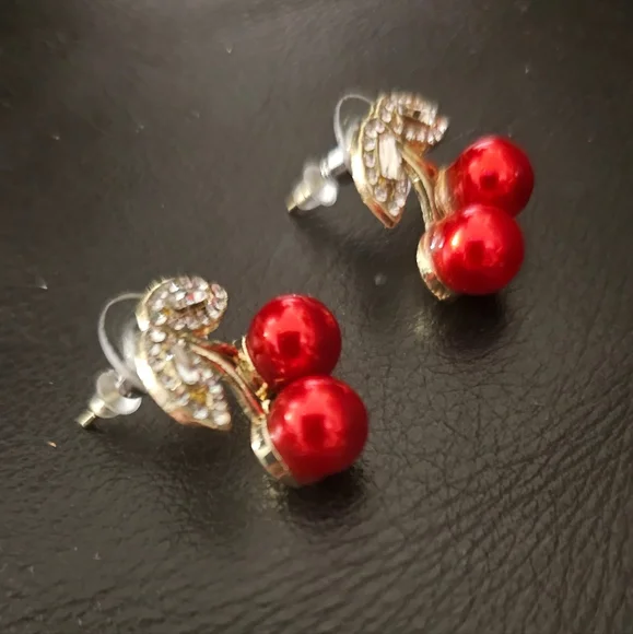 Elegant Red Cherry Faux Pearl and Rhinestone Earrings New Without Tags - Picture 3 of 6
